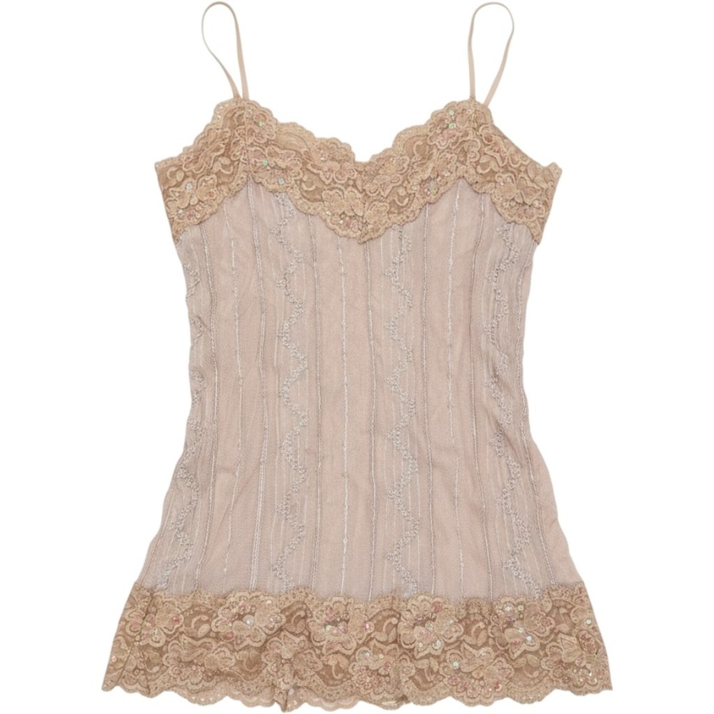 Vintahge Studio Y Tan Lace Sequin Mesh Cami Y2K Romantic Whimsy Forrest Fairy M